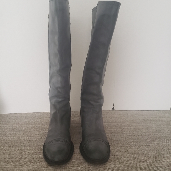 Chloe Steel Gray Mid Calf Leather Riding Boots - Picture 3 of 13